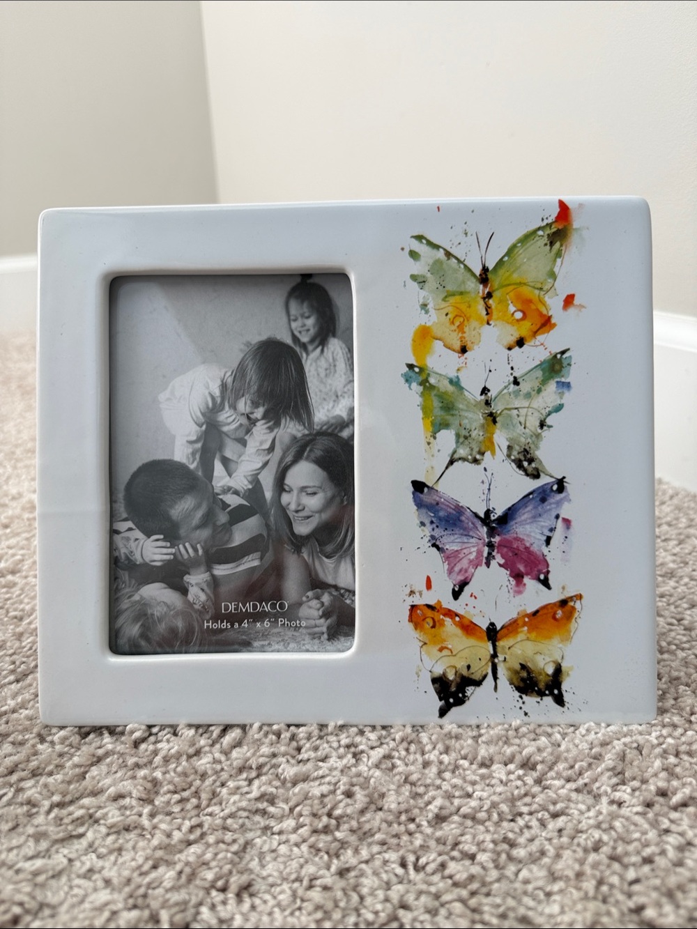 Demdaco White Ceramic Frame with Watercolor Multicolor Butterfly's NWOT